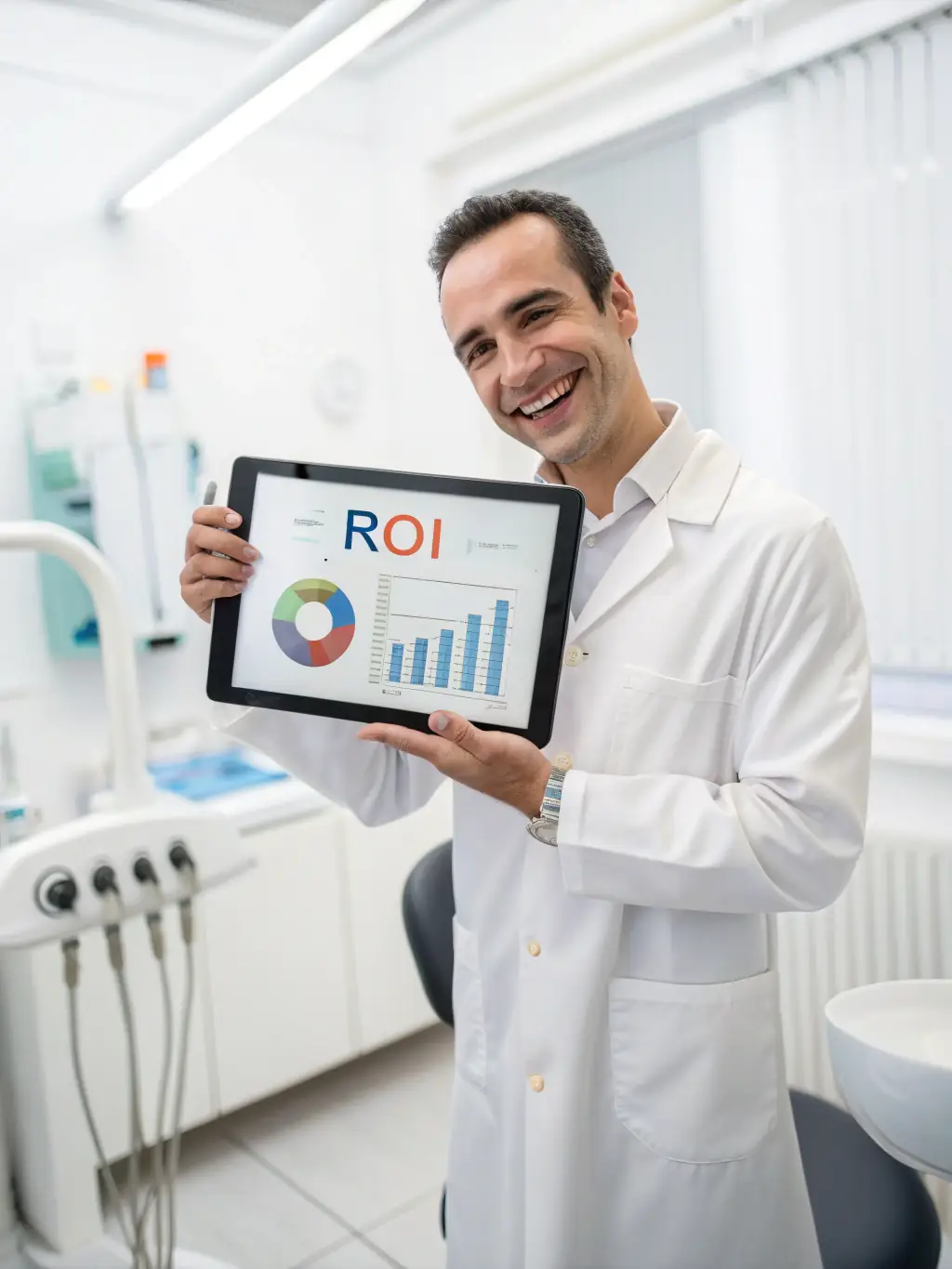 A dentist reviewing advanced Google Ads campaign performance data on a tablet, illustrating the benefits of the Growth plan's comprehensive SEO services.